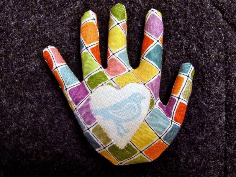 Bird in Hand on My Heart Reverse Applique Pin Brooch
