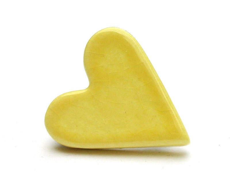Lemon yellow heart ceramic button badge - handmade - LauraPotterCeramics