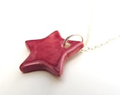 Red star ceramic pendant with silver plated jump loop - handmade