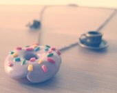 Purple donut necklace. Tea time necklace. Multicolored purple donut with teapot and cup in bronze chain. Miniature food jewelry.
