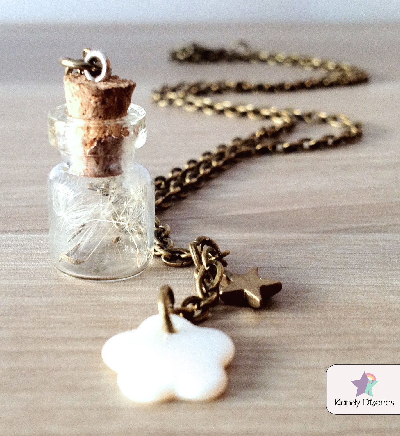 Dandelion necklace. Make a wish. Dandelion inside a vial with star and shell flower. Whimsical jewelry, dreamy jewelry