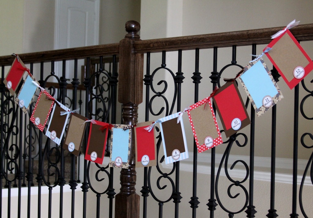 First Birthday Photo Banner - First Year Banner - Sock Monkey Banner - Blue 4x6
