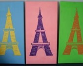 Original POP Art Eiffel Tower Acrylic Paintings - Triptych. Three 8"x16"