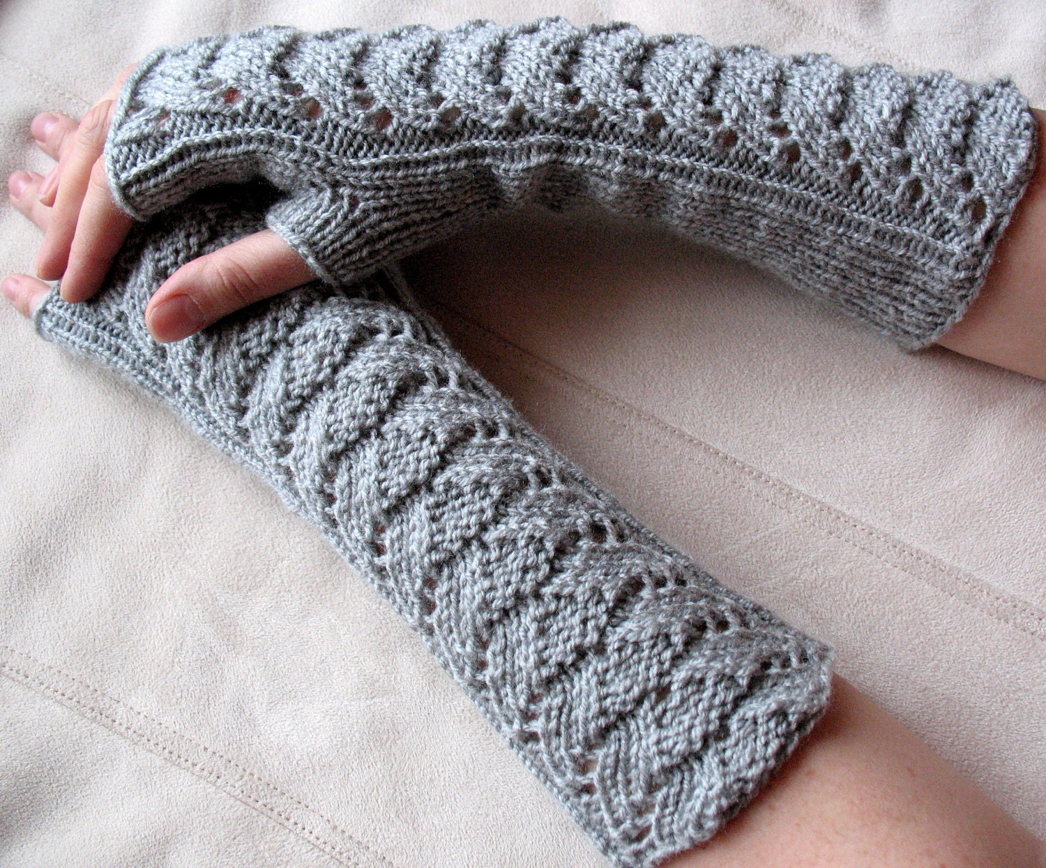 Long Fingerless Gloves Gray Arm Warmers  Mittens Soft Acrylic