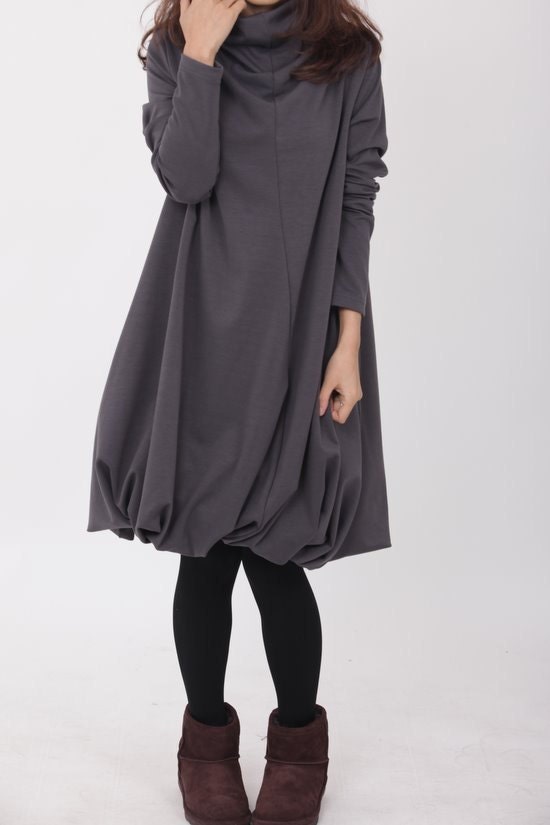 Pile collar cotton dress in Dark gray