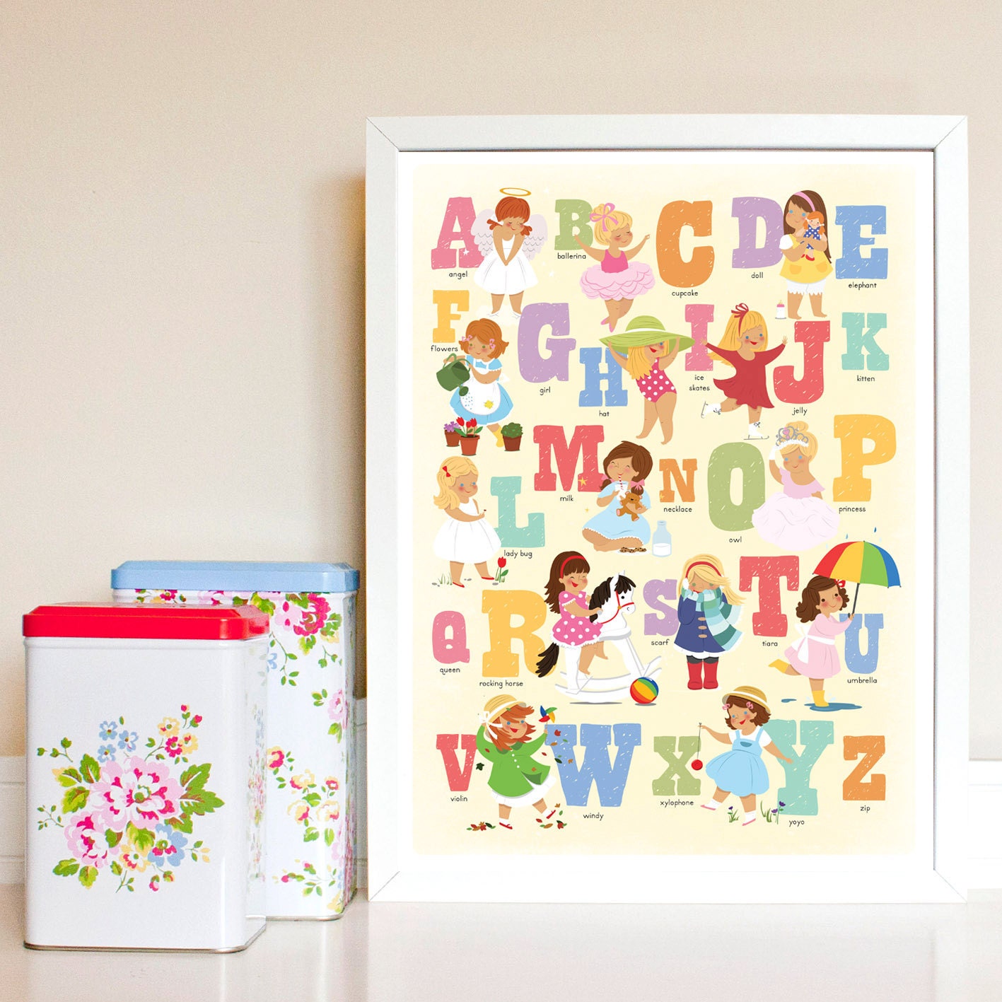 Alphabet Poster for Girls Print in Girly Colours. Bedroom. Nursery. Large. A3.