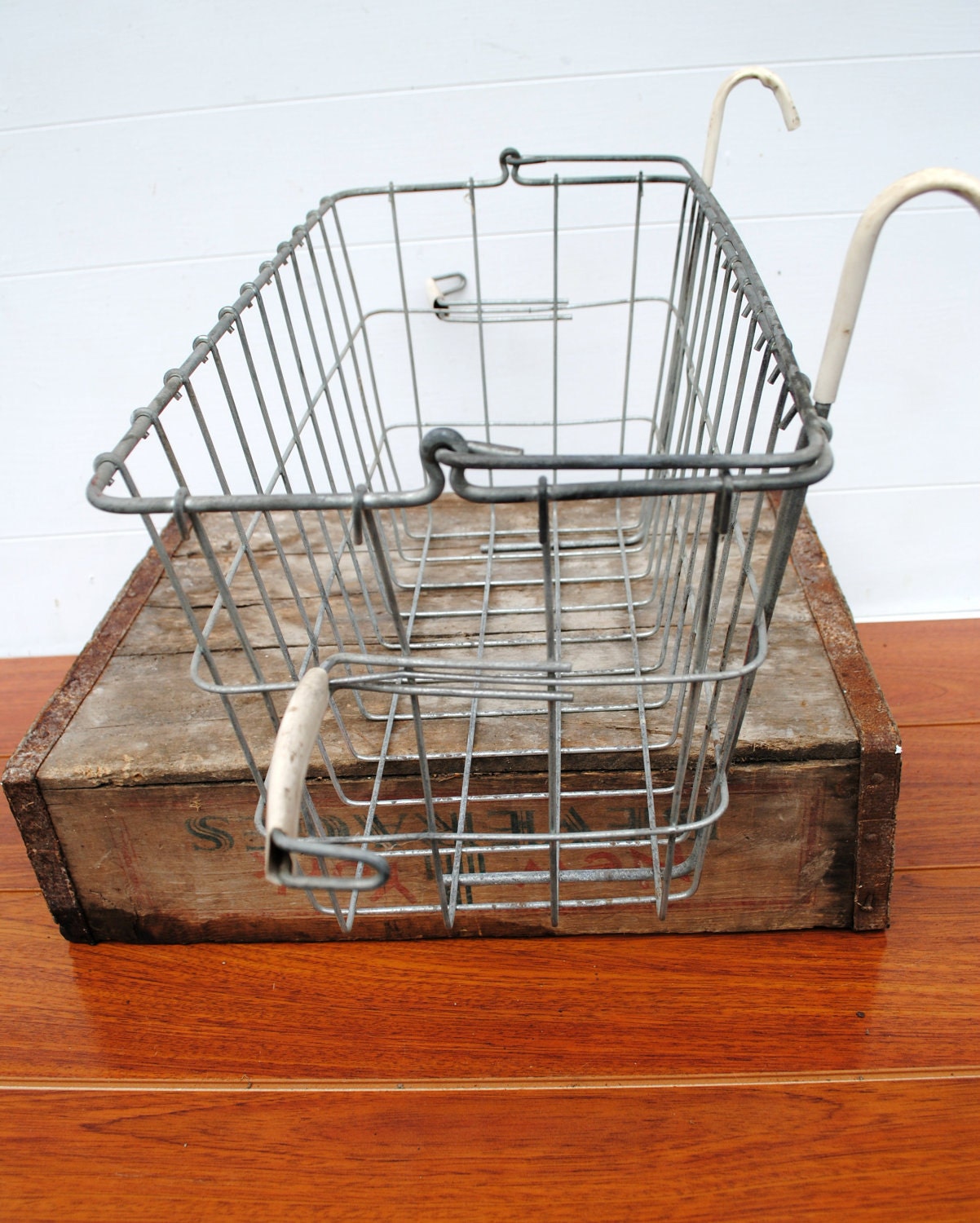 Vintage Wire Basket With Handle and Hooks for Hanging