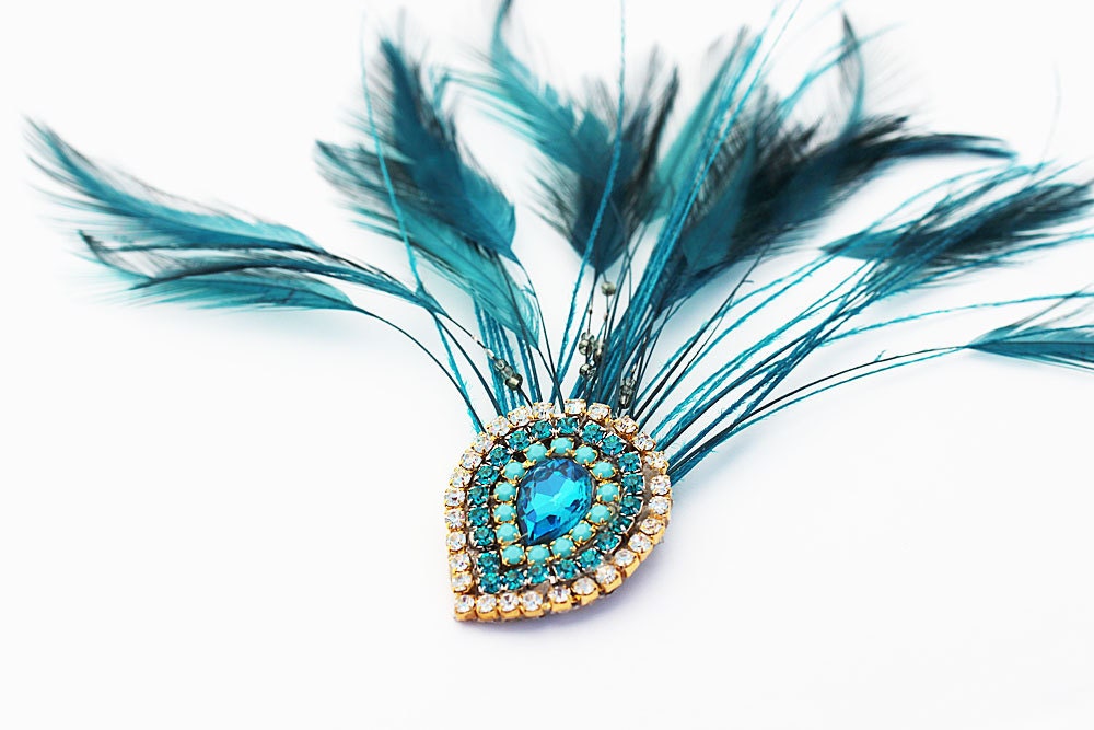 Peacock Hair Clip with Teal Crystal Center and Rhinestones