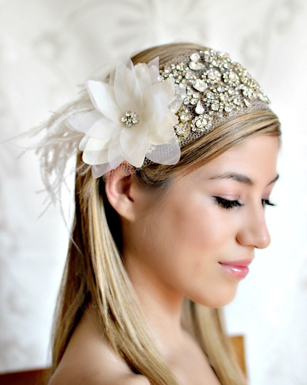 Silk Flower with White Ostrich and Rhinestone This Headpiece Ready to Ship - This piece can be Customize to your tastes