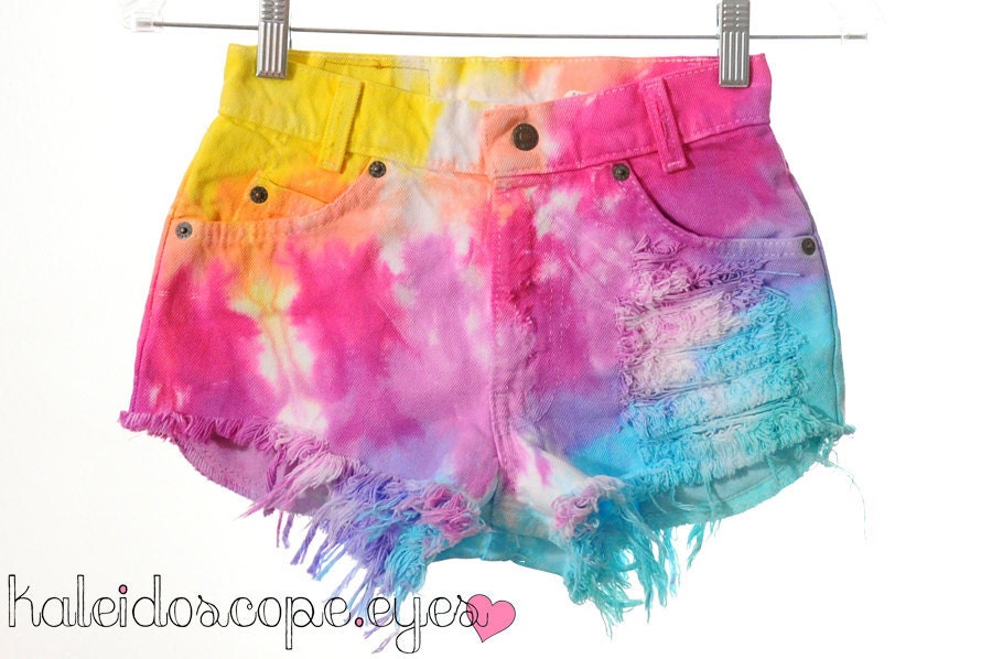 Vintage LEVIS Rainbow Tie Dye Dyed Denim High Waist Cut Off shorts XXS
