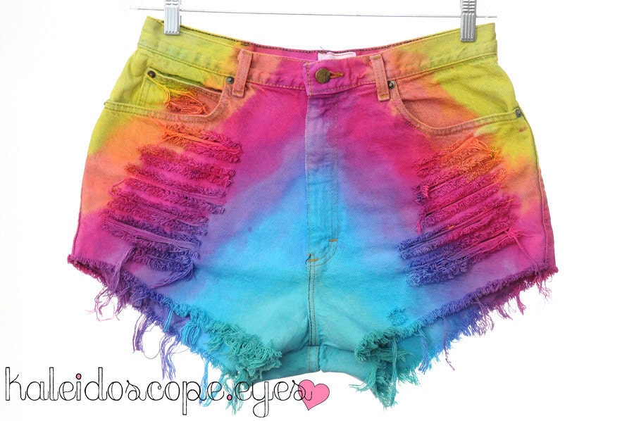 Vintage RAINBOW Ombre Dip Dyed Denim High Waist Cut Off Shorts XL