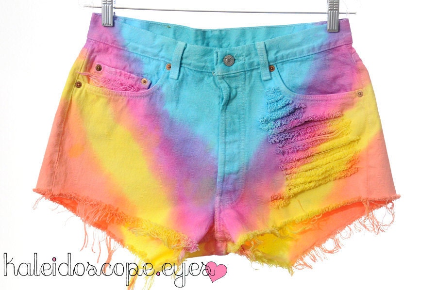 Vintage RAINBOW Dip Dye Ombre LEVIS High Waisted Cut Off Shorts XL