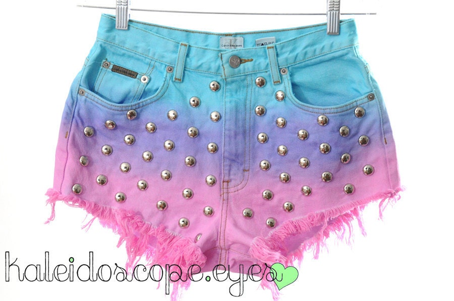 DIP DYED Ombre Tri Tone Denim Shorts High Waist Cut Off Calvin Klein M