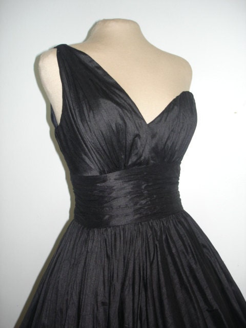 Black Silk Dupion one strap 50s style dress. All sizes welcome.