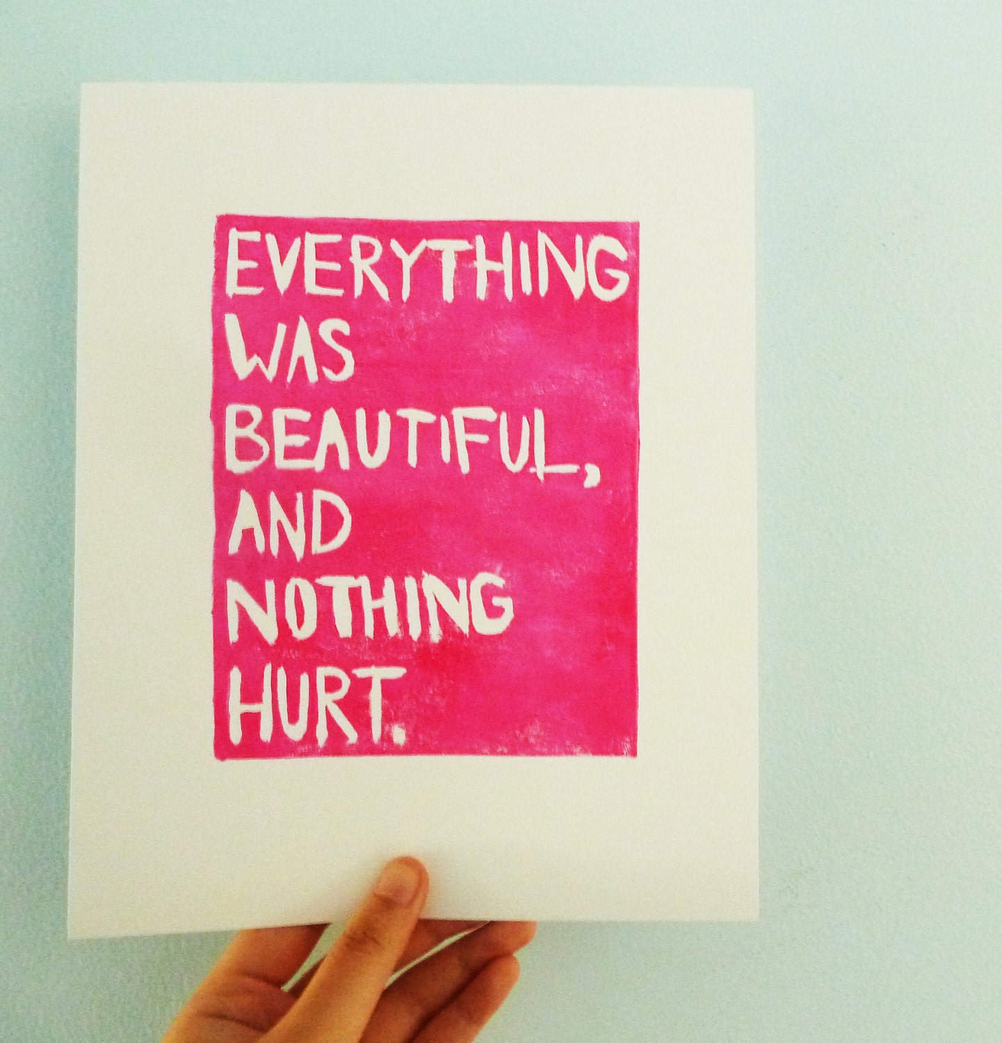 LINOCUT PRINT - Quote, Kurt Vonnegut - Everything Was Beautiful And Nothing Hurt (Magenta) Linocut Art 8x10