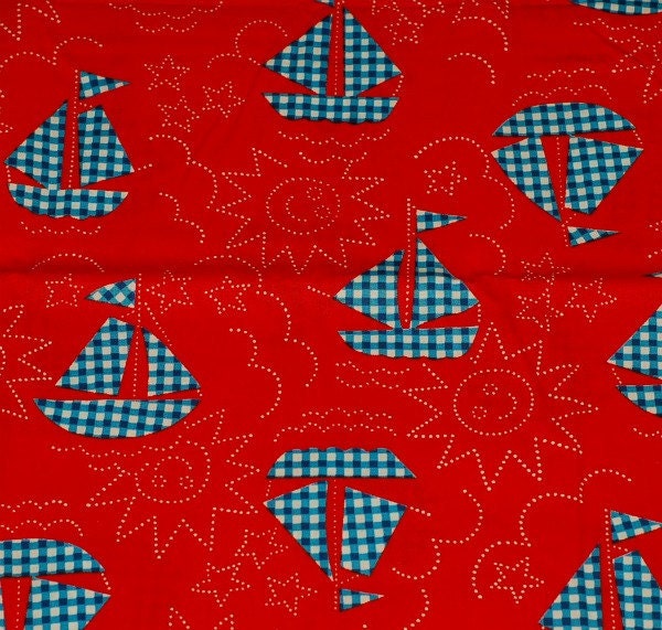 RESERVE LISTING for ANITA - Nautical Fabric - Deep Blue Gingham Plaid Sailboats on Bright Red