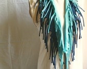 Navy Turquise Fringe Necklace Shreded Scarf Upcycled Woman's Clothing Funky Tattered Shabby Chic Eco Friendly Style Upcycled Clothing