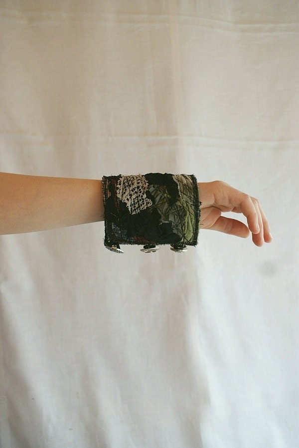 Fiber Cuff in Black Gothic Lolita Style Upcycled Woman's Jewelry Made from Recycled Clothing Textile Bracelet Crazy Patchwork