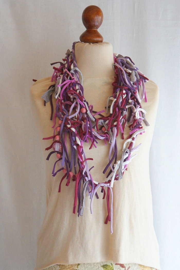 Pink Violet White Art Mess Fringe Necklace Shreded Scarf Upcycled Woman's Clothing Funky Tattered Eco Friendly Style Upcycled Clothing