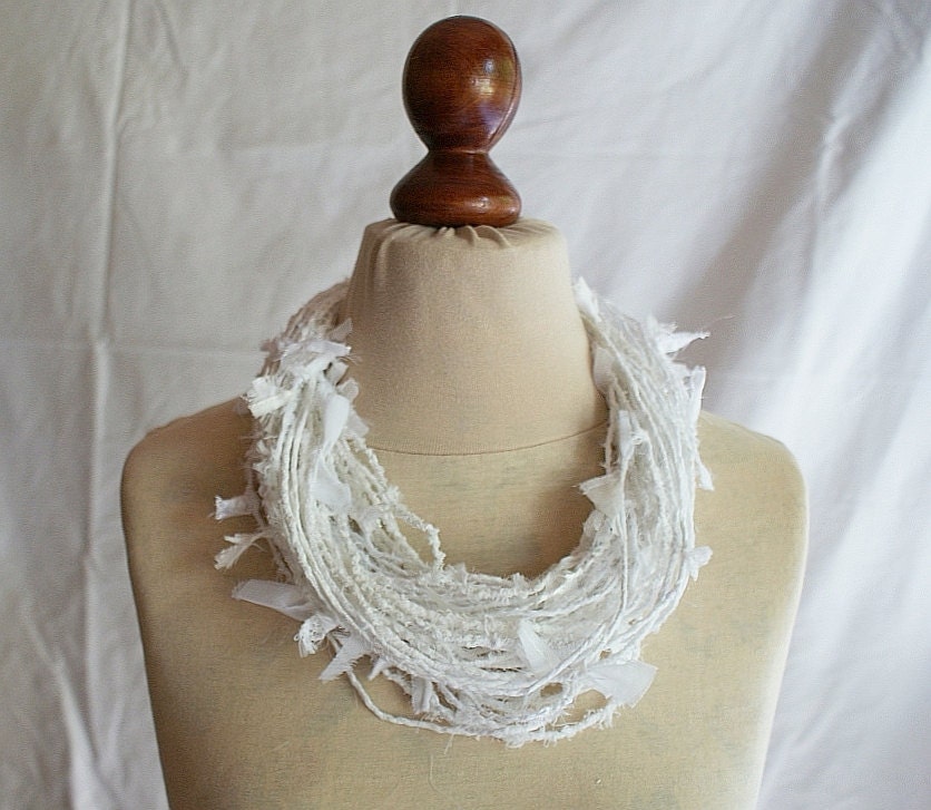Tattered Necklace White Jagged Fabric Necklace Upcycled Woman's Clothing Eco Funky Style Shabby Chic Eco Friendly Style