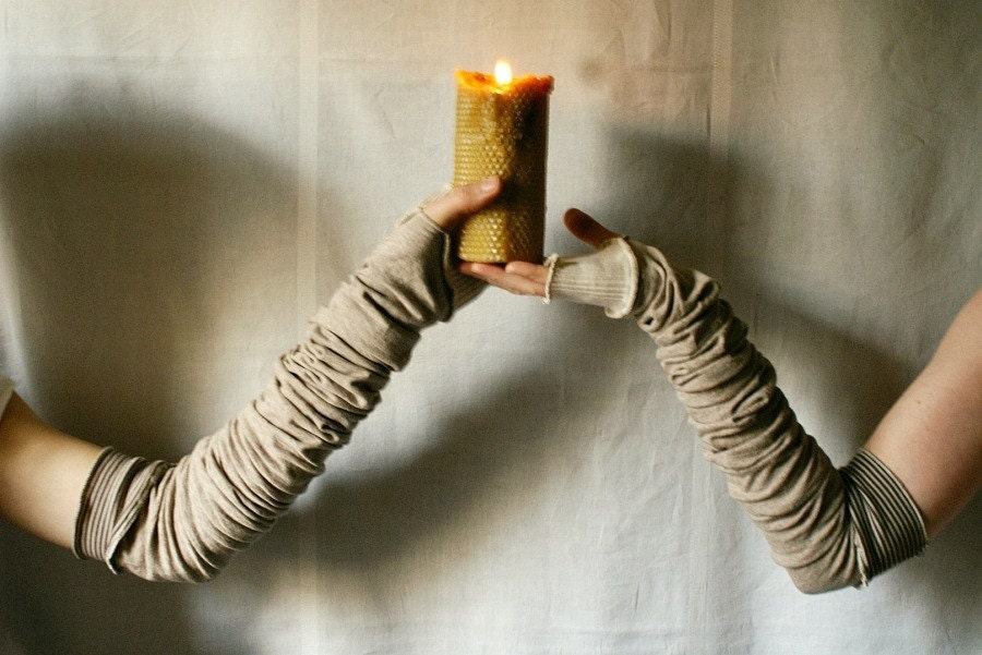 Creased Arm Warmers Beige Long Arm Warmers Upcycled Clothing Funky Wrapped Wrists Cuffs Eco Tattered Style Woman's Clothing (4)