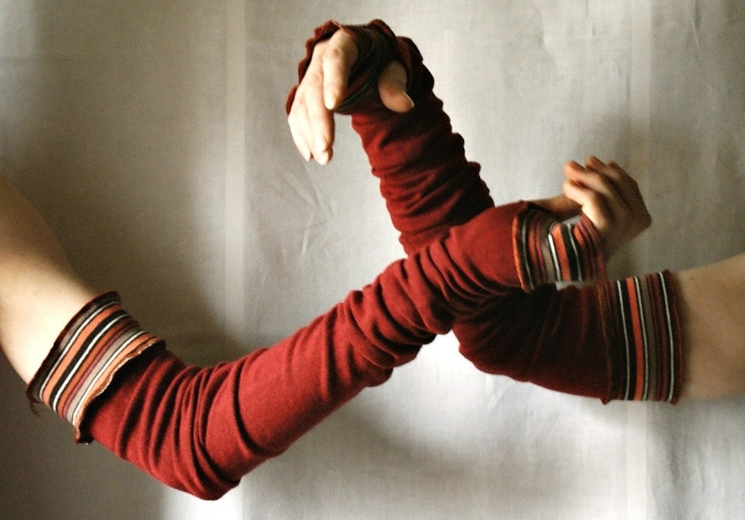Creased Arm Warmers Upcycled Clothing Funky Brick Long Arm Warmers Wrapped Wrists Cuffs Eco Tattered Style Woman's Clothing (13)