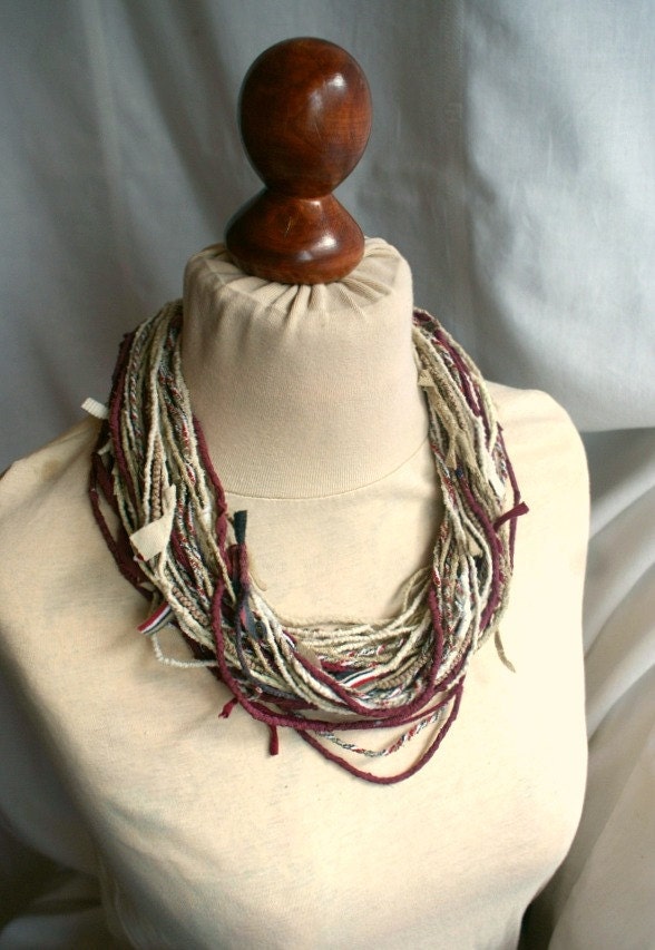Tattered Necklace Beige and Claret Jagged Fabric Necklace Upcycled Woman's Clothing Eco Funky Style Shabby Chic Eco Friendly Style