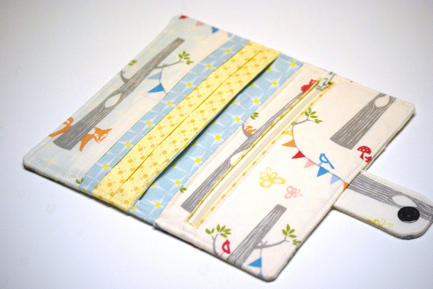 Fox Wallet Bifold, Organic Fabric Woodland Party , Vegan Wallet Blue, Yellow, Grey, Made to Order