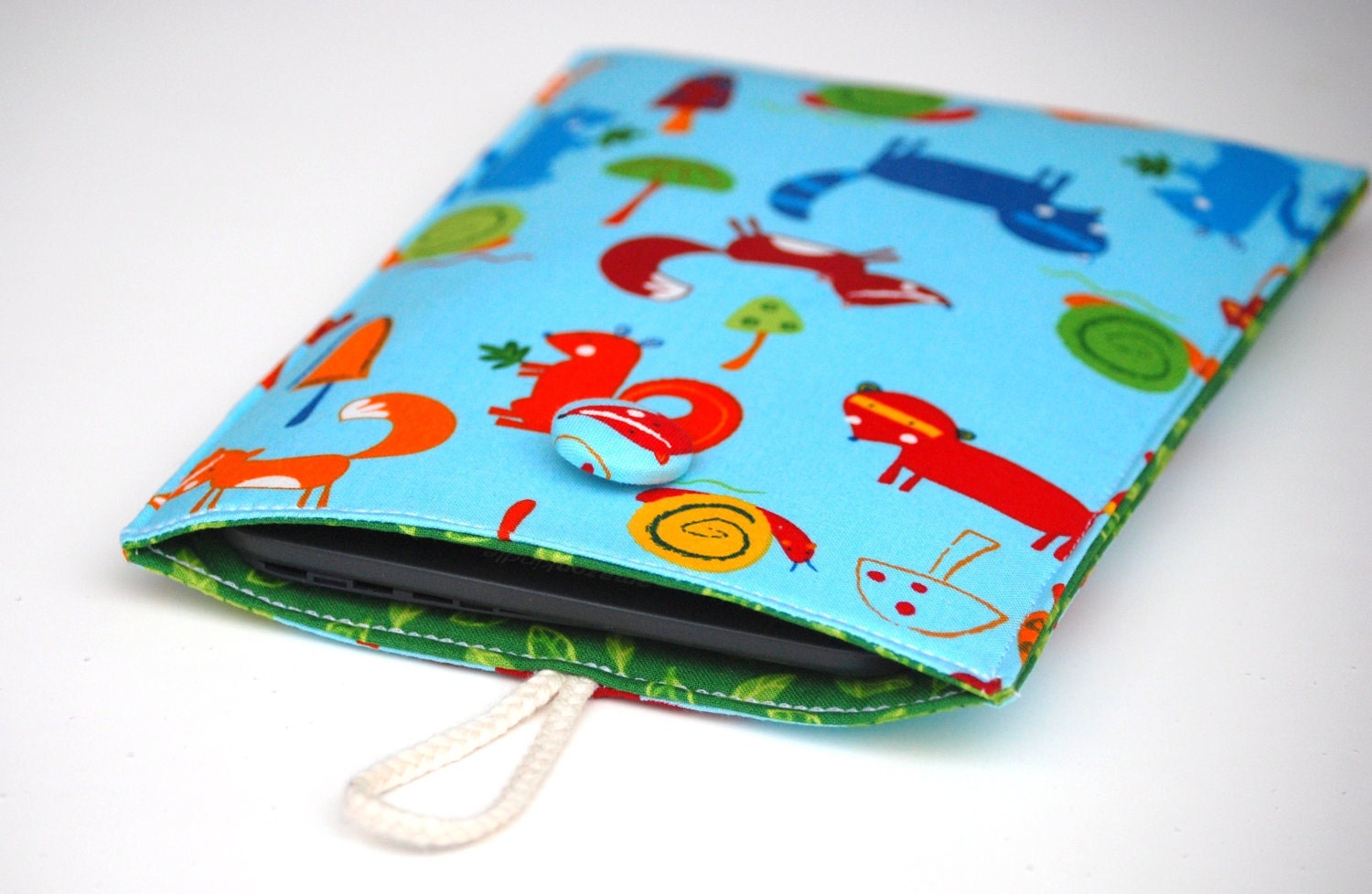 SALE Nook Case, Kindle Sleeve, Woodland eReader Fabric Sleeve with Foxes, Squirrels, Blue and Green