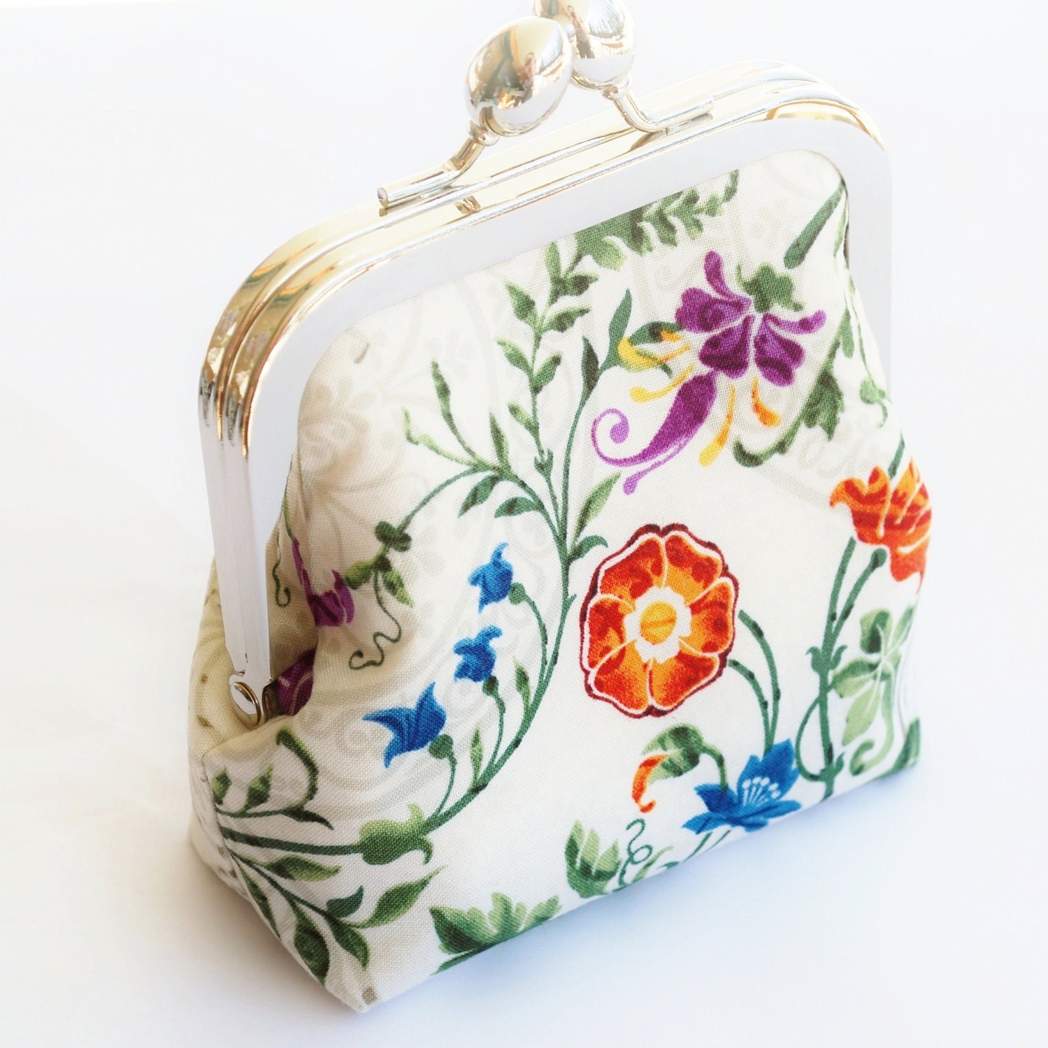 Coin Purse, Small Snap Frame Fabric Wallet , Summer Flowers, Purple, Cream and Blue