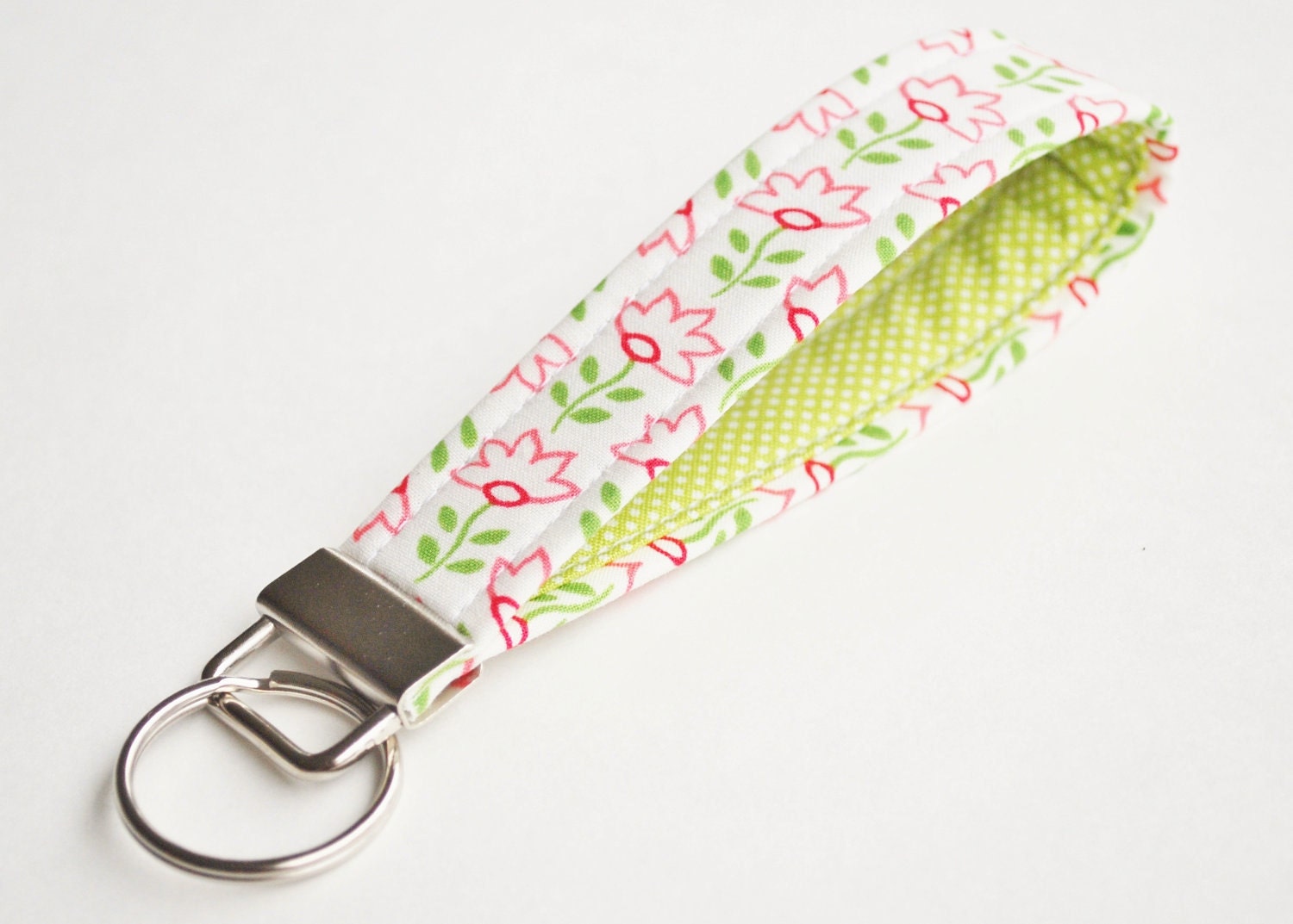 Sale Key Fob, Wristlet Keychain, Pink Flowers, Apple Green Polka Dots