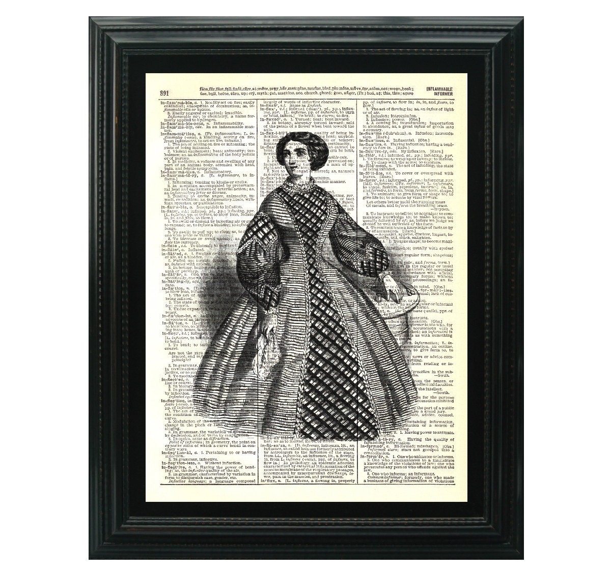 VintageClips Art Print A017 - Lady in a fashion dress printed on vintage dictionary page.