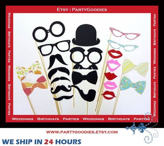 PhotoBooth Props - 22 Piece On a Stick Photo Party Props set - Photo Booth Props
