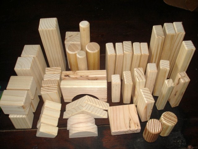 Natural Wood - 40- Building Blocks - Waldorf - Educational - Skills - Creative Play