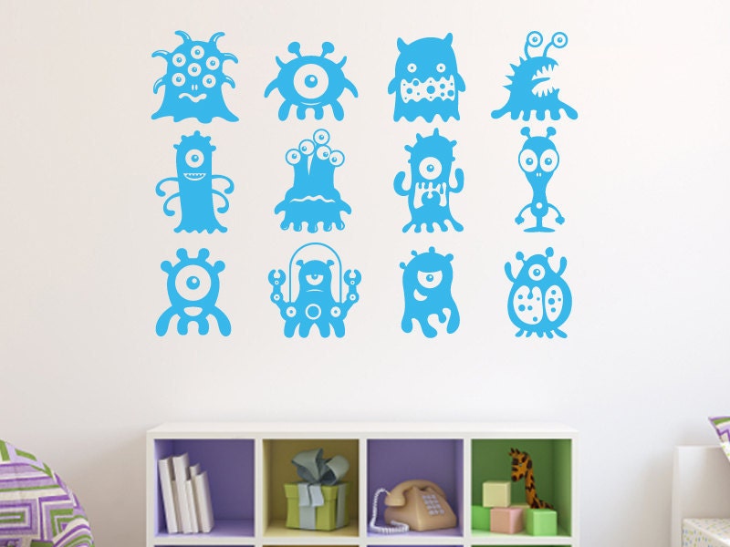 Monster Decal Child Decor - Set of Twelve Cute Monster Vinyl Wall Decals