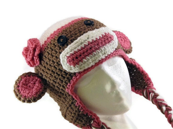 Girls Sock Monkey Hat - Baby - Beanie with Earflaps - Made to Order