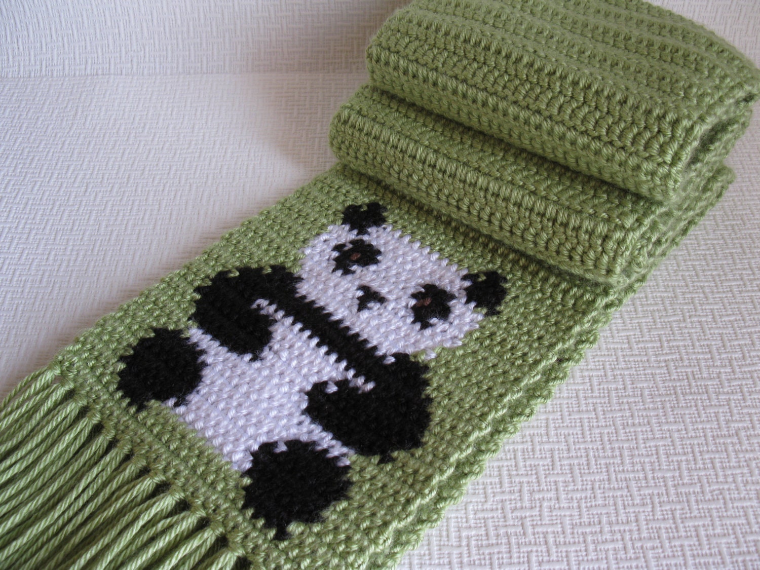 Panda Bear Scarf. Pistachio green crochet scarf with pandas.
