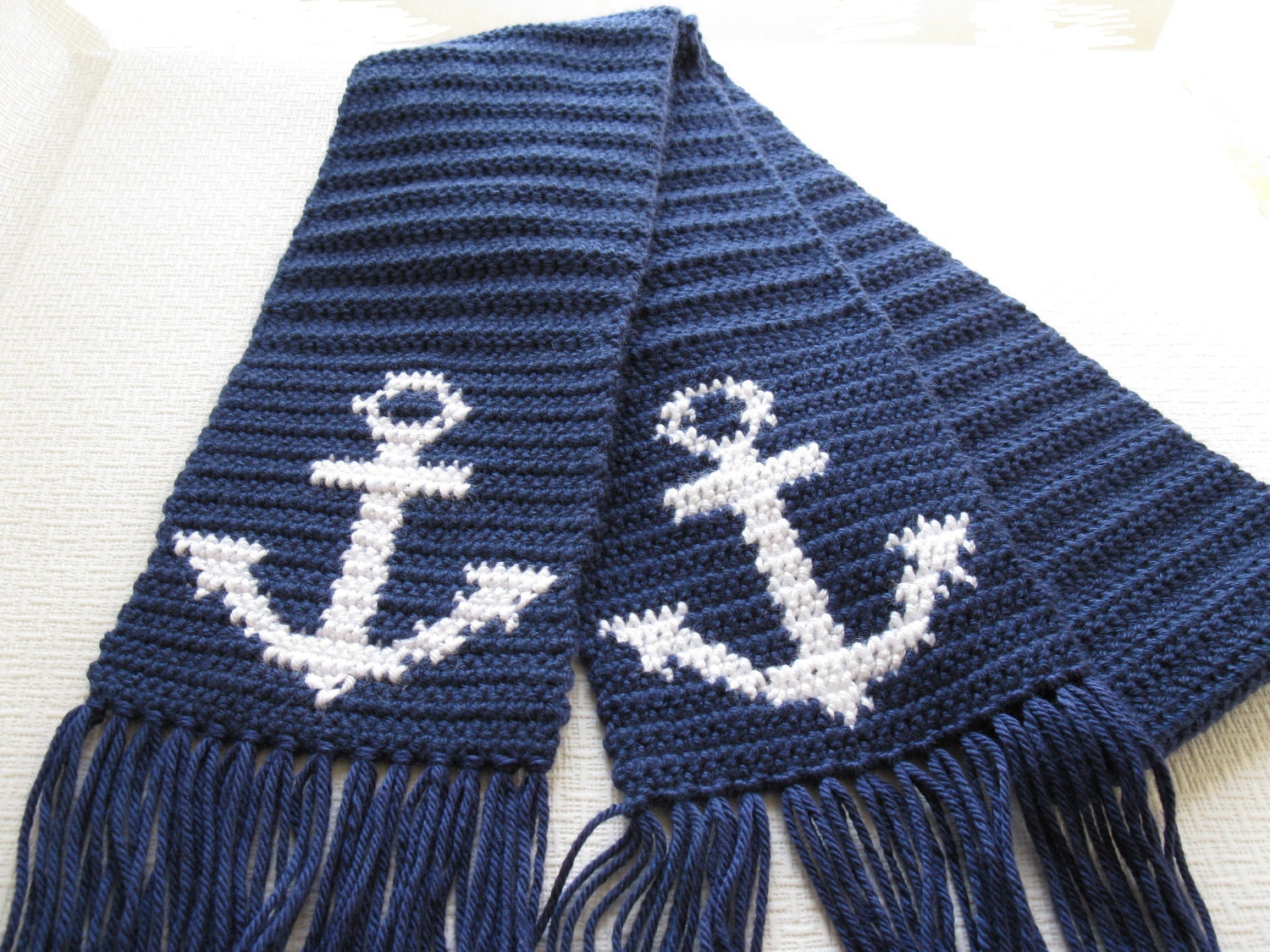 Anchor Scarf for Men. Navy blue crochet scarf with anchors.