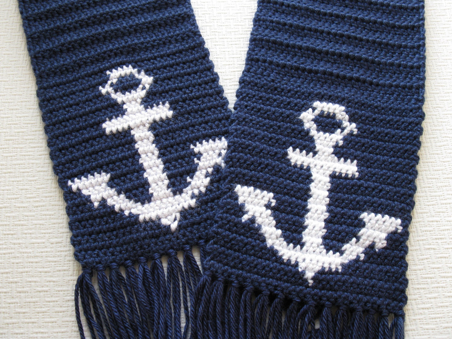 Anchor Scarf for Men. Navy blue crochet scarf with anchors.