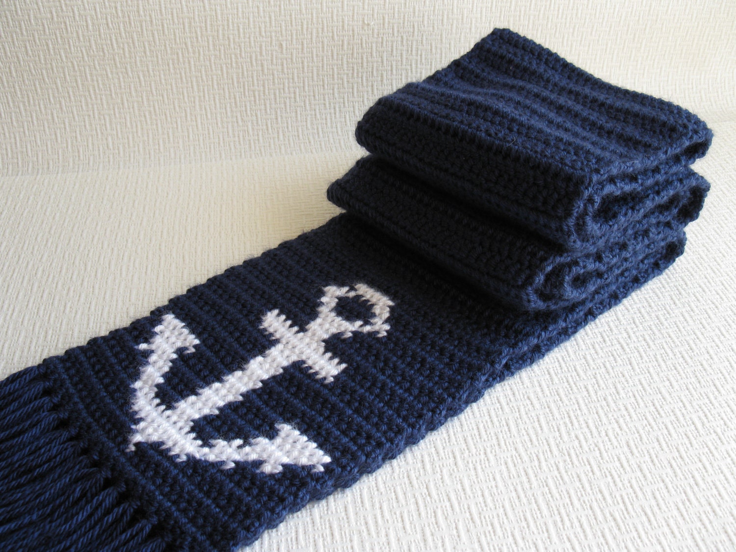 Anchor Scarf for Men. Navy blue crochet scarf with anchors.