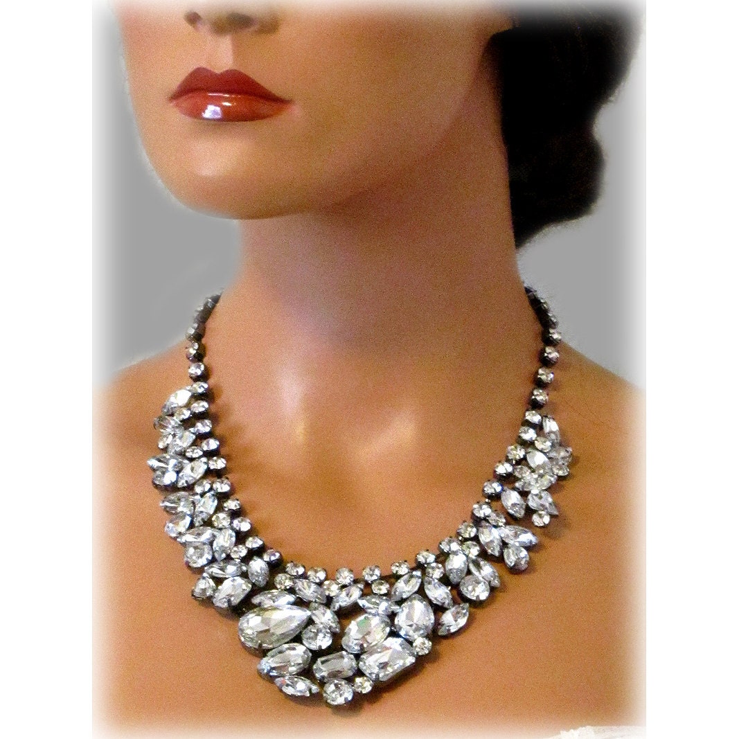 Bridal jewelry, bridal necklace, bridesmaid jewelry, vintage inspired white ribbon Crystal bib necklace, wedding jewelry