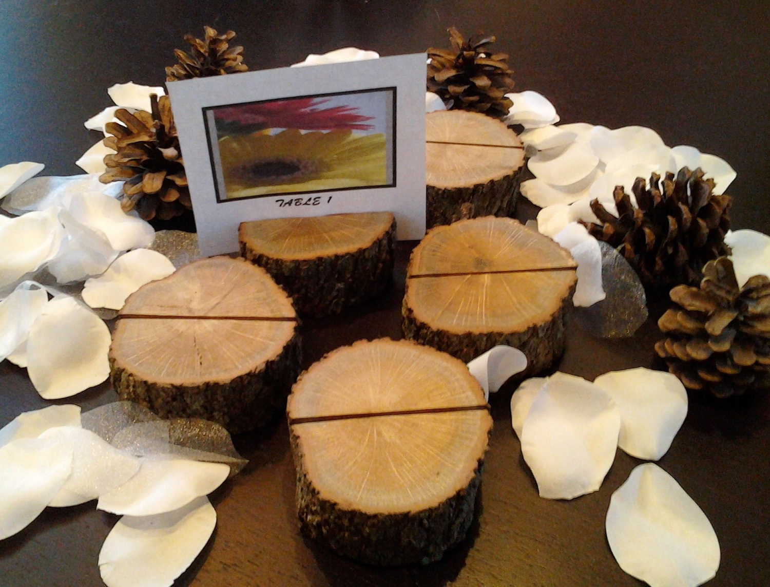 TREASURY ITEM - (50)  -  Wood place card holders - Oak tree slices - Rustic Wedding Decor