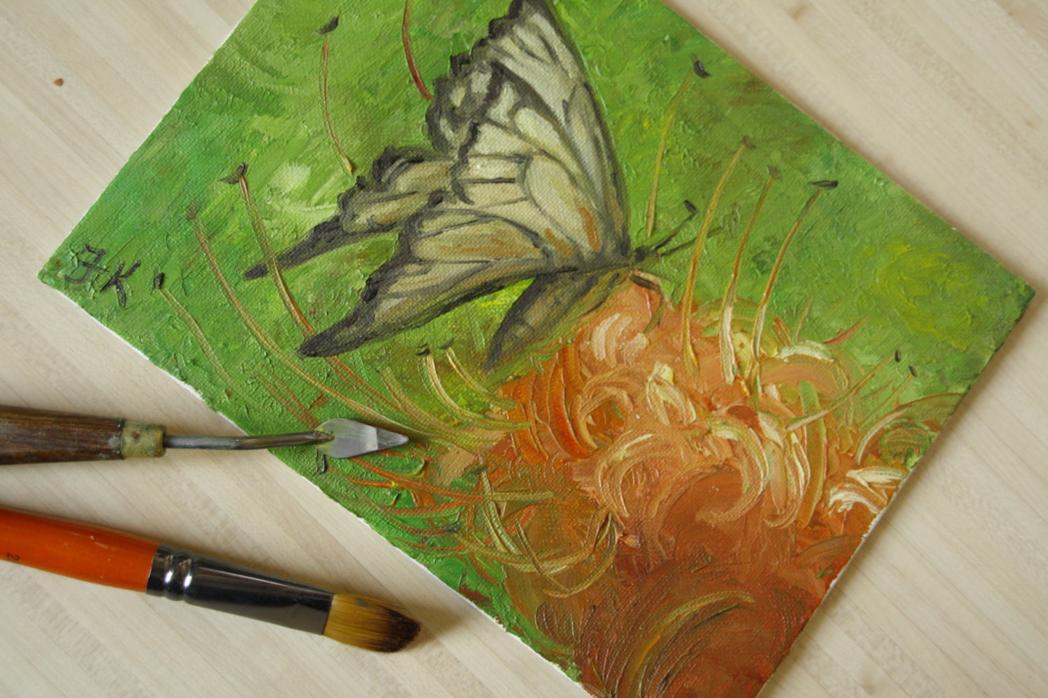 Original art, Miniature painting, Spring green, Impasto oil painting, palette knife flower, size 5.83 " X 8.27"