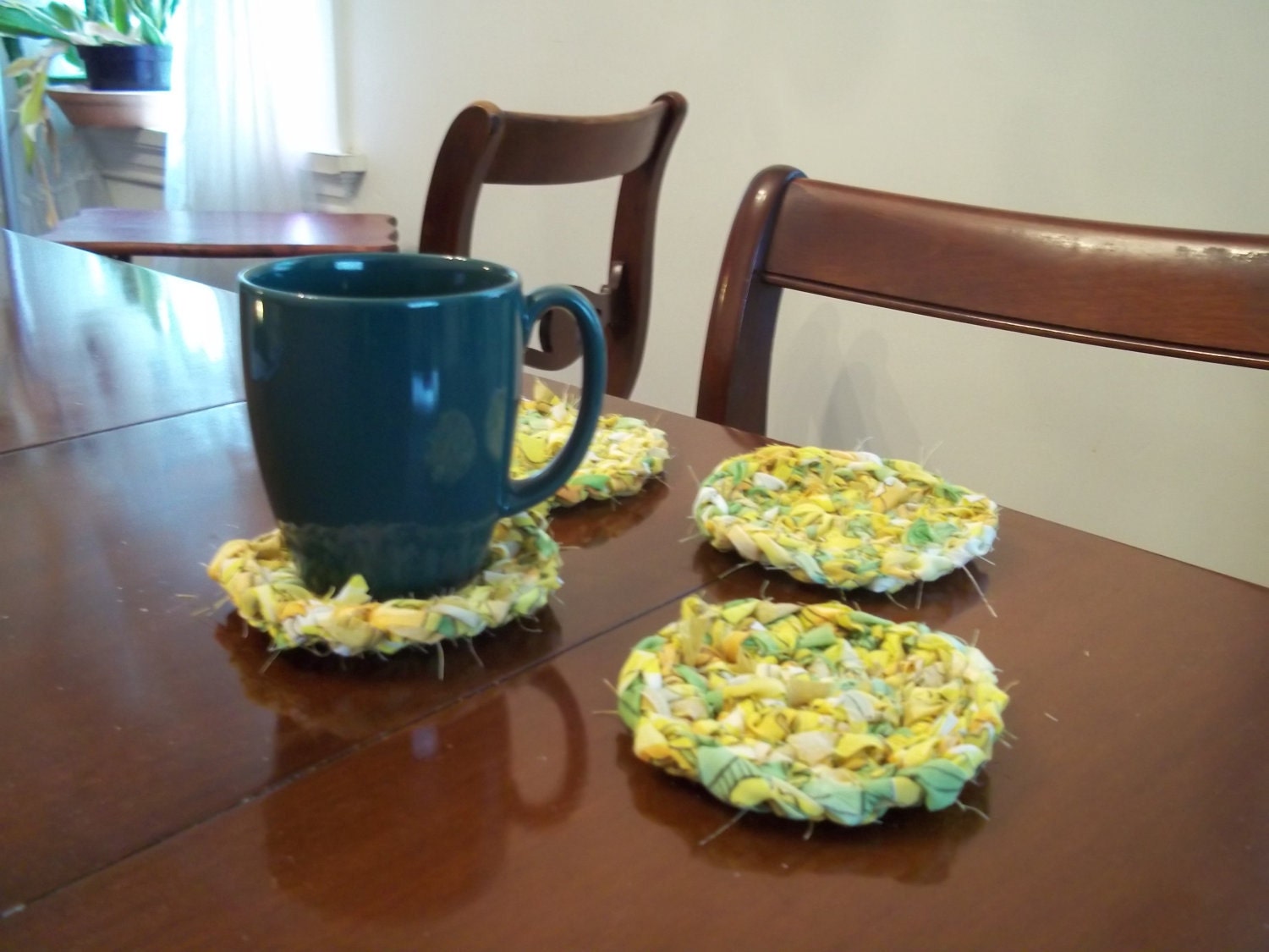 Mug Coasters Large Upcycled Yellow, Orange and Green  Fabric Crochet Set of Four