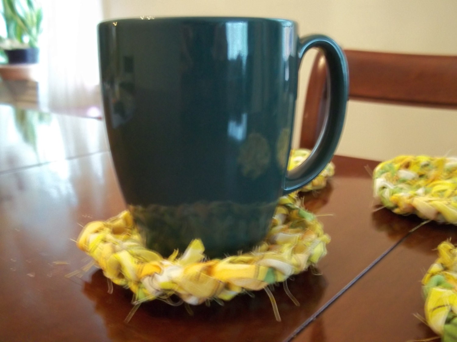Mug Coasters Large Upcycled Yellow, Orange and Green  Fabric Crochet Set of Four
