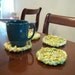 Mug Coasters Large Upcycled Yellow, Orange and Green  Fabric Crochet Set of Four
