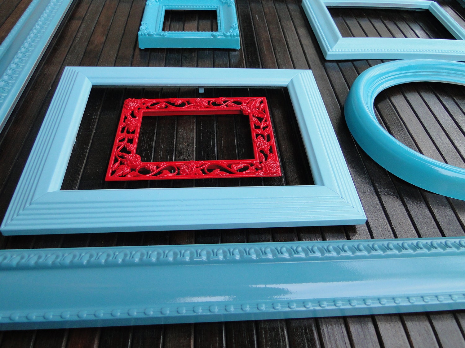 Frame set collection gallery wall blue aqua teal turquoise red "A Little Red Goes a Long Way"