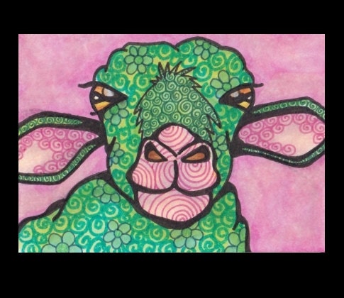 Green Sheep Pink Original ACEO Pen and Ink Art OOAK