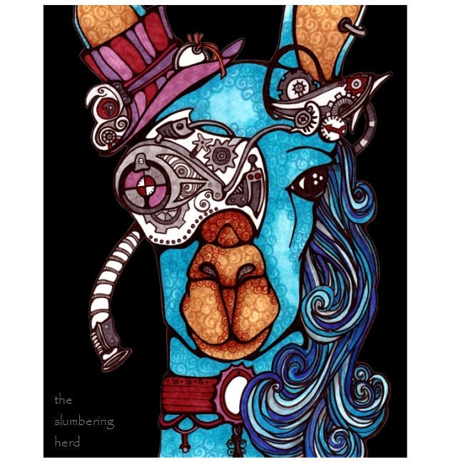 Steampunk Llama Art Print from Whimsical Illustration 8x10