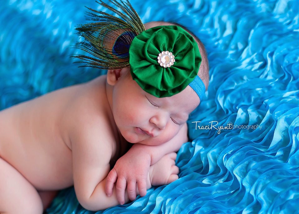 15% off order - Green baby Headband - Peacock Headbands- Newborn Photo Prop - Baby Headbands - Infant Headbands - Baby Girl Headbands